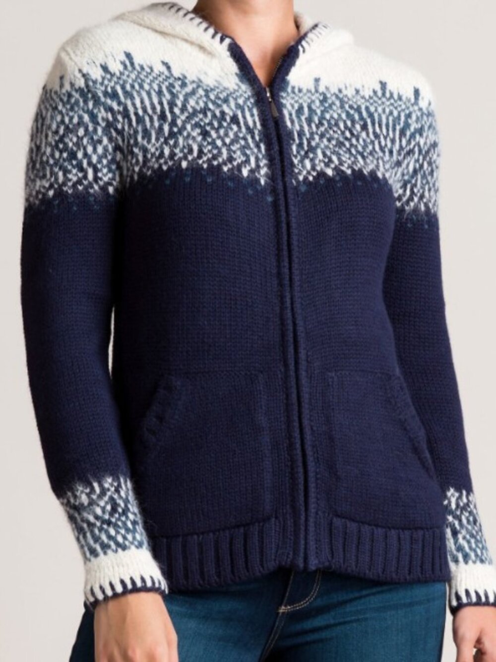 Overland Sheepskin Bryn Alpaca Wool Hooded Cardigan Sweater Women's L Navy Cream